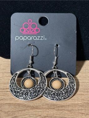 paparazzi Silver Filigree Hoop Earrings with Beige Cabochons